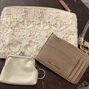 Anne Klein Card Holder Merona Cosmetics Bag /White Lace Clutch Set